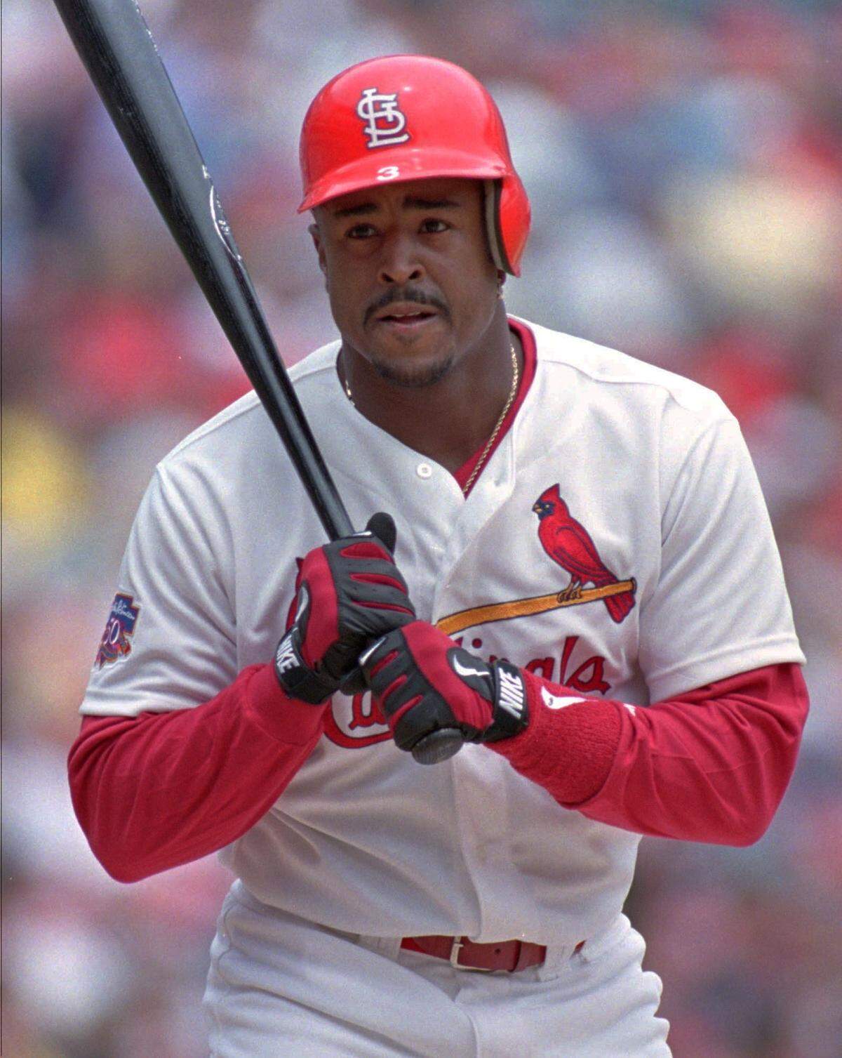 Brian Jordan at bat Saturday, May 26, 1997 against the Colorado Rockies at Busch Stadium in St. Louis.