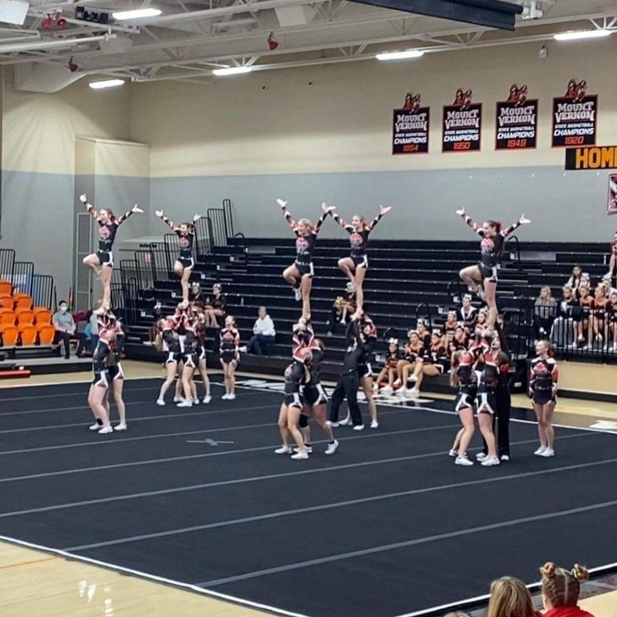 The Highland High School varsity cheerleaders are back and ready to compete in the 2021-22 season. They have new uniforms, are competing in a new division, and are ready for a new cheer season this year. The HHS varsity cheer team competed in their first competition for the 2021-22 season Sunday, Dec. 5, in Mount Vernon, capturing first place.