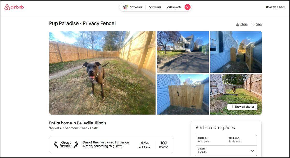Vicki Martin calls her Airbnb unit in Belleville a “pup paradise” because she caters to guests with dogs, which can romp around a fenced-in yard and play with provided toys.