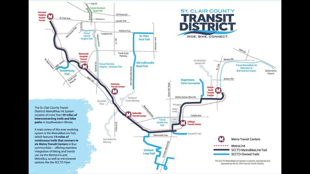 The Bunkum Road Trail, which will span Interstate 64, is marked in green in the upper left-hand corner of this St. Clair County Transit District map.