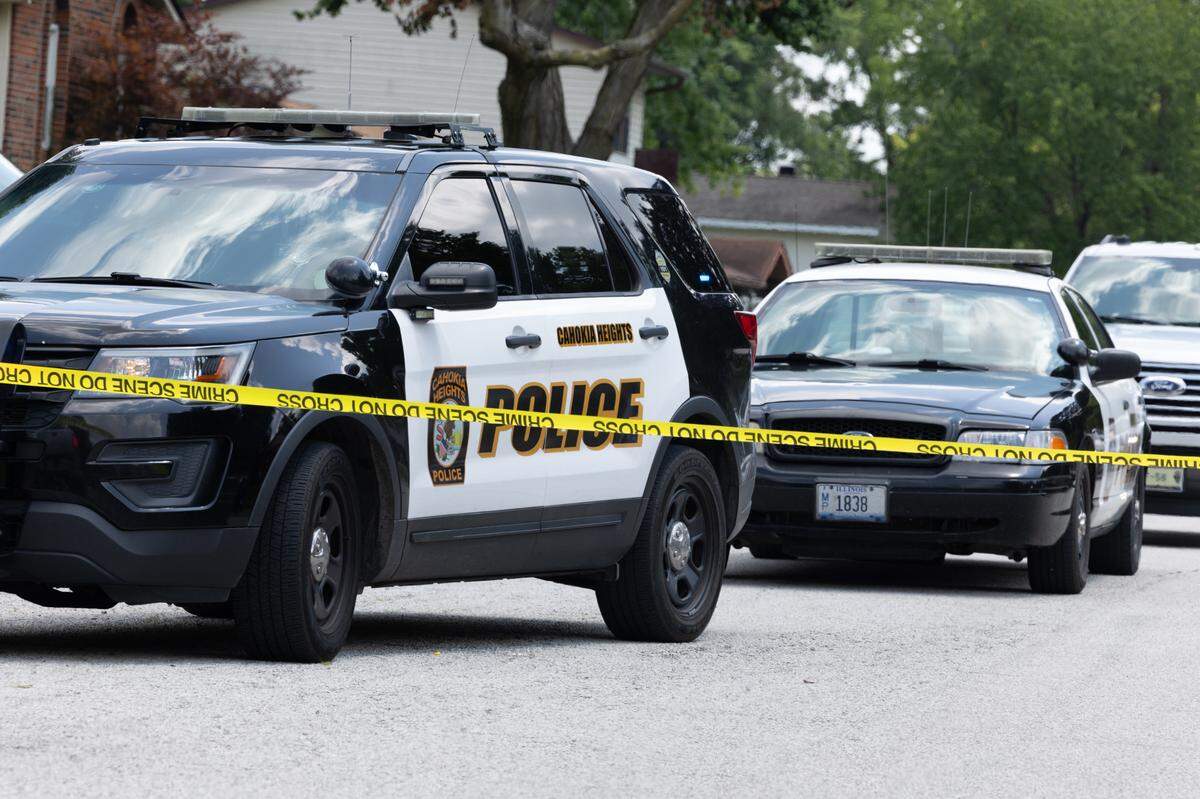 Outside of a crime scene on Maple Tree Lane in Cahokia Heights, Ill. on July 10, 2024.