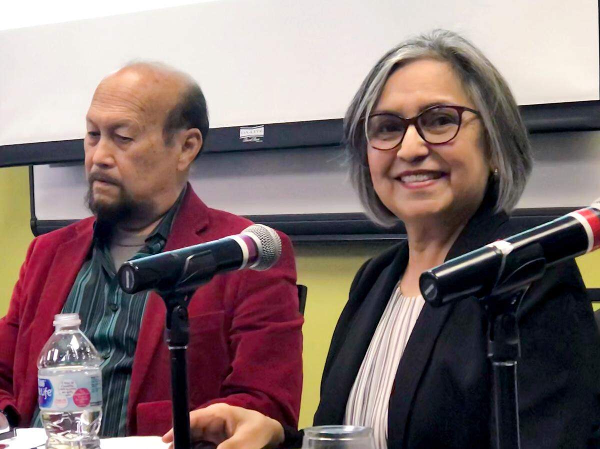 Jeanne Raya (right) and Gil Ontai, members of the California’s 14-person, voter-staffed commission that was given redistricting power about a decade ago, spoke Wednesday at the Wyndham Springfield City Centre to members of the Coalition for Honest and New Government Ethics organization. The CHANGE Illinois group is trying to shift control of redistricting in this state from lawmakers to citizens.