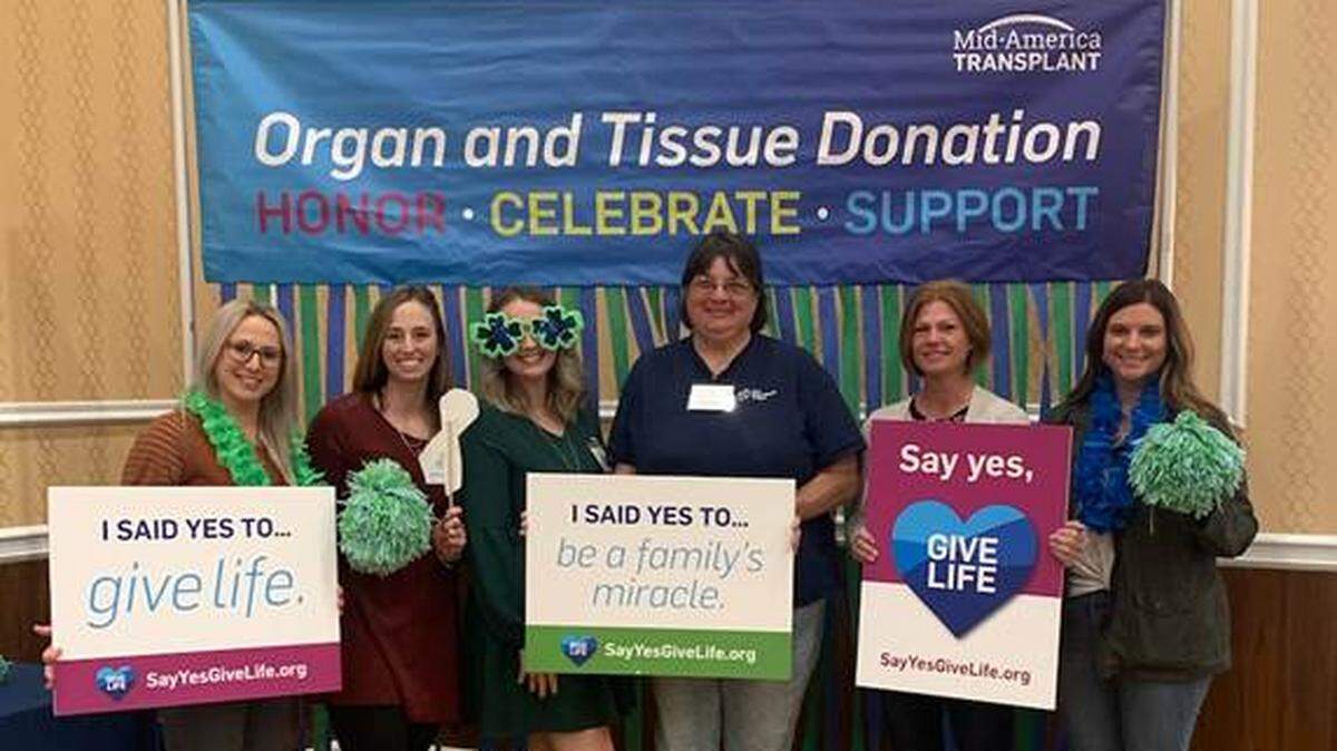 Hospital Sisters Health System colleagues recently attended Mid-America Transplant “Inspired by Life” Symposium at St. Louis Union Station. Hospital colleagues listened to various speakers and were able to hear from and connect with representatives from Mid-America Transplant to learn more about the organ donation process, tissue donation and the importance of aftercare. From left, Michelle Herzberg, director of inpatient care at HSHS St. Joseph’s Hospital Highland; Stephanie Collings, medical-surgical care registered nurse at HSHS St. Elizabeth’s Hospital; Lleyna Gorka, nurse educator at HSHS St. Elizabeth’s Hospital; Cindy Crouch, emergency department facilitator at HSHS Holy Family Hospital; Kacie Blaser, facilitator of surgical services at HSHS Holy Family Hospital; and Kelli Clutts, director of nursing at HSHS Holy Family Hospital.