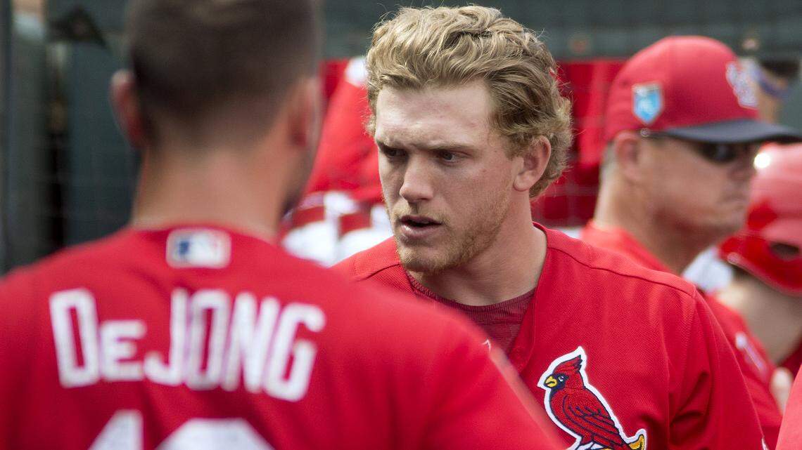 Outfiedler Harrison Bader in the dugout during a spring training game in Jupiter, Florida.