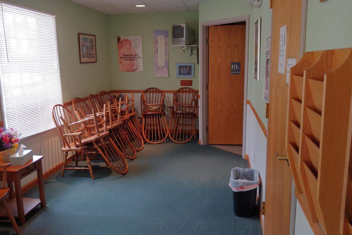 Chairs are stacked up in the waiting room of Dr. Deanna DuComb’s office in Carlyle as a social-distancing measure during the coronavirus pandemic.