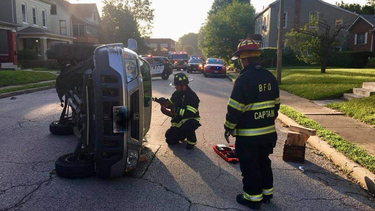 A car turned on its side during an accident on East B Street in Belleville on Monday morning.