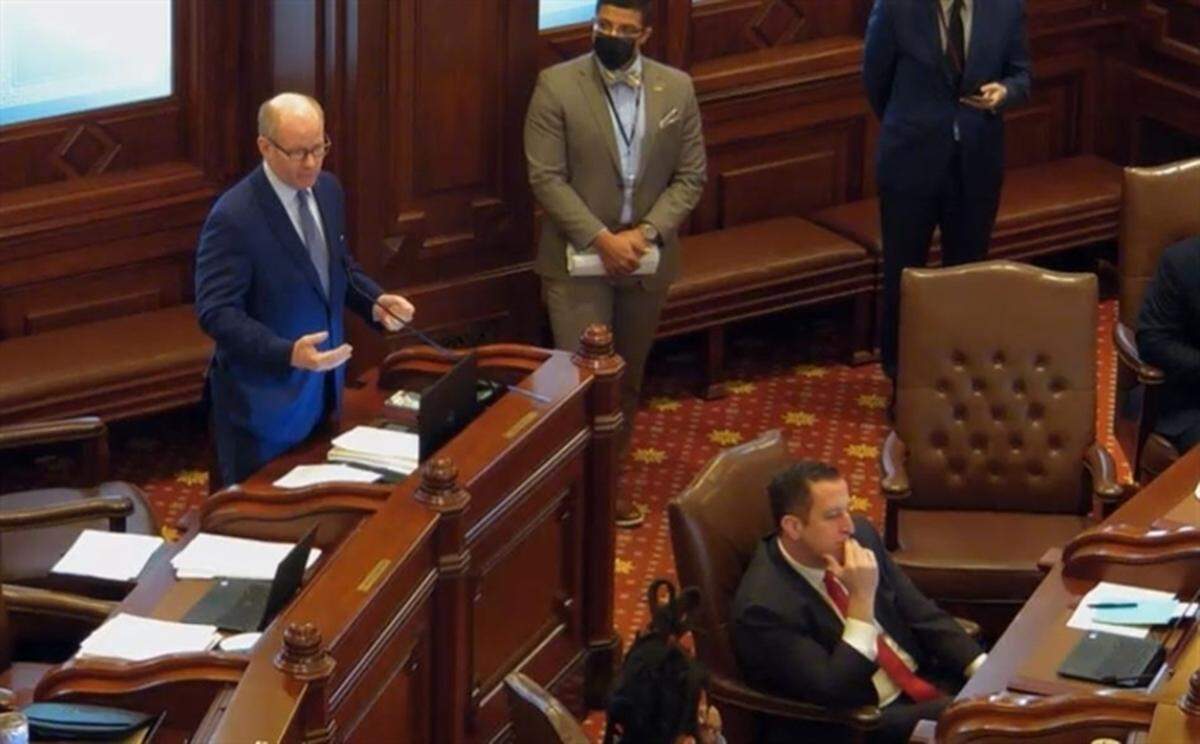 Senate President Don Harmon urges passage of a bill providing school employees who are fully vaccinated paid administrative leave if they have to miss work due to COVID-19-related issues.