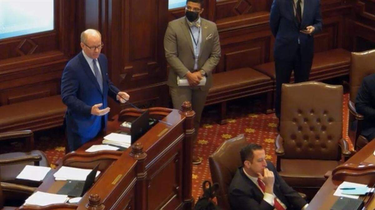 FILE: Senate President Don Harmon addresses the Illinois General Assembly which Monday agreed to a ban on the sale of assault weapons.