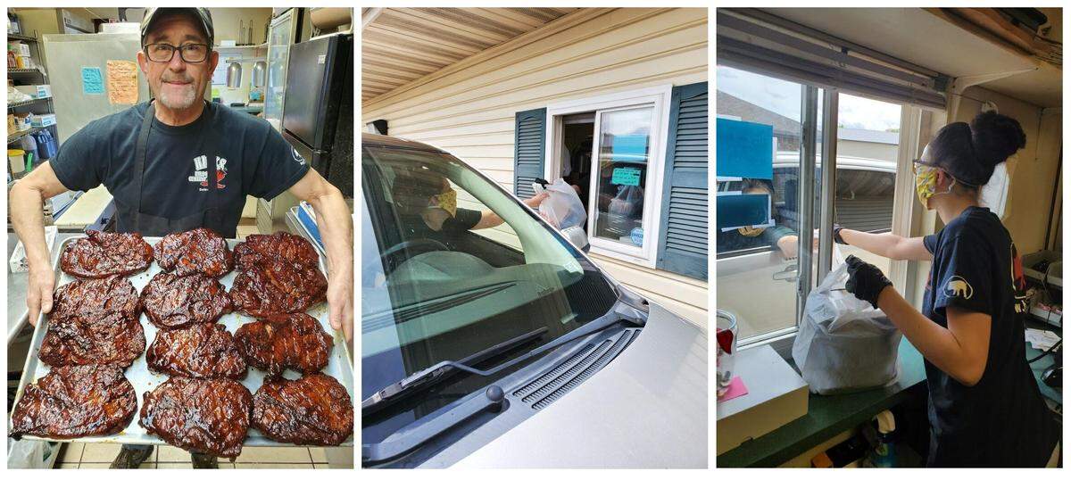 Hicks Bar-B-Que Co. in Belleville is open. Left to right, Al Hicks shows off a tray of pork steaks, a customer picks up an order and employee Katelyn Fiedler mans the drive-thru window.