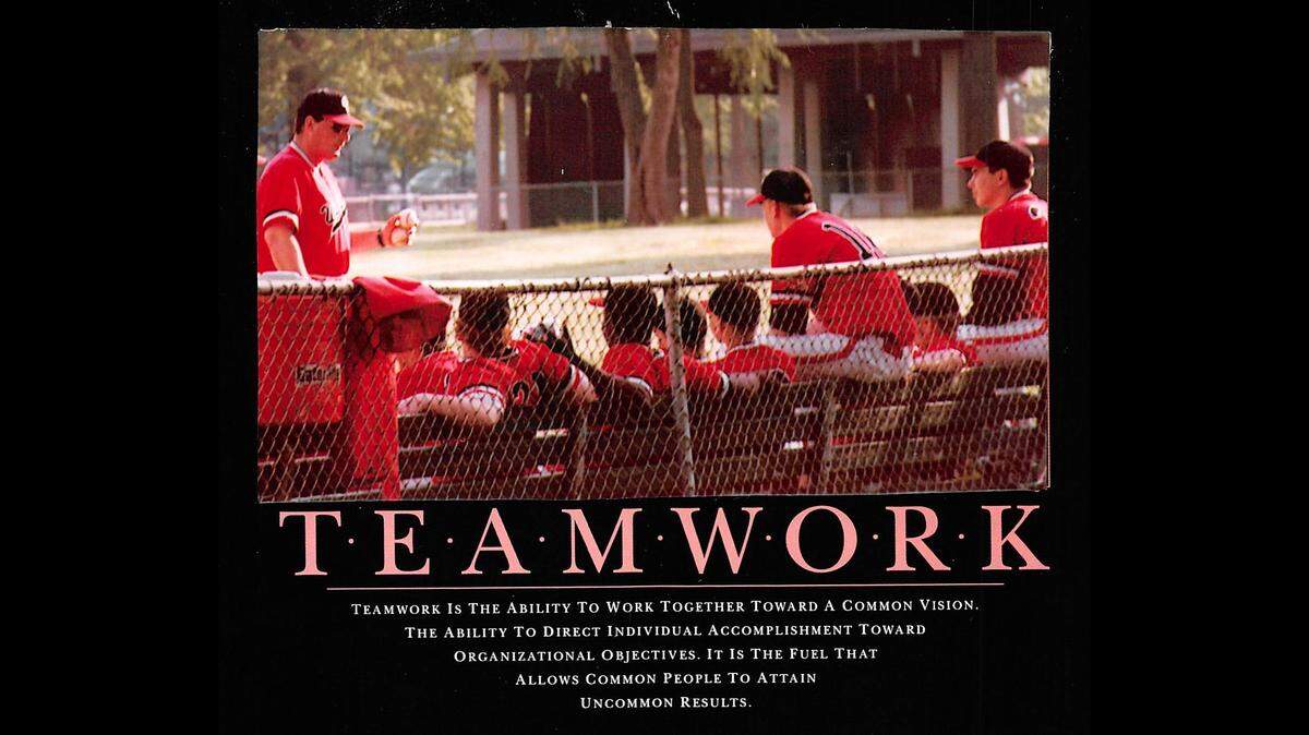 This motivational poster shows Jim Greenwald, left, as assistant baseball coach at Granite City High School in the mid-1990s. He’s now retiring as district superintendent.