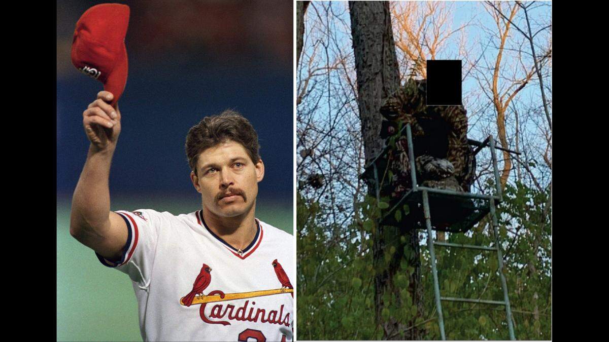 Former St. Louis Cardinals pitcher Danny Cox, left, tips his hat to the crowd at a World Series game in 1987. At right, Brian Forrester is shown hunting from a stand on Nov. 18 in a photo taken by Illinois Conservation Police (face redacted).