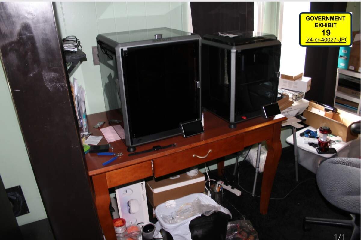 Prosectors said Vishnevski possessed numerous items commonly used to make firearms at home, including 3D printers, such as these two seized from his home, a Ghost Gunner milling machine, a drill press and specialized jigs.
