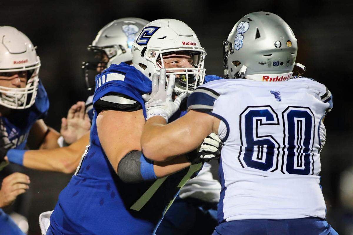 Defensive lineman Joe Kish (75) helped lead the Columbia defense to a shutout against Freeburg in a Cahokia Conference football game Friday night in Columbia. The Eagles ultimately posted a 24-0 win.