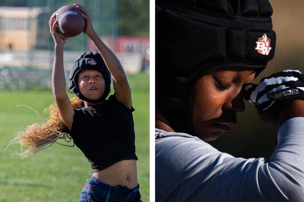 Left: Daijah Jackson catches the ball during flag football practice on Tuesday at Belleville West High School in Belleville. Right: Kelani Wise rubs her eyes during flag football practice.