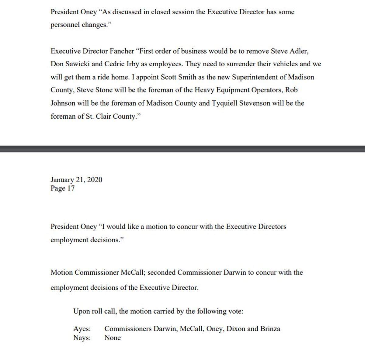Meeting minutes from the Metro East Sanitary District January 21, 2020 meeting where newly-appointed Executive Director Rick Fancher’s first order of business was to fire Cedric Irby, Steve Adler and Don Sawicki.