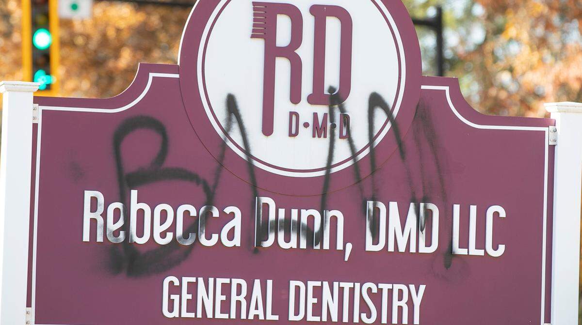 Police are looking for vandals who spray-painted “BLM” on buildings and signs, including this one for Rebecca Dunn’s dentist office, in Edwardsville late Thursday or early Friday.