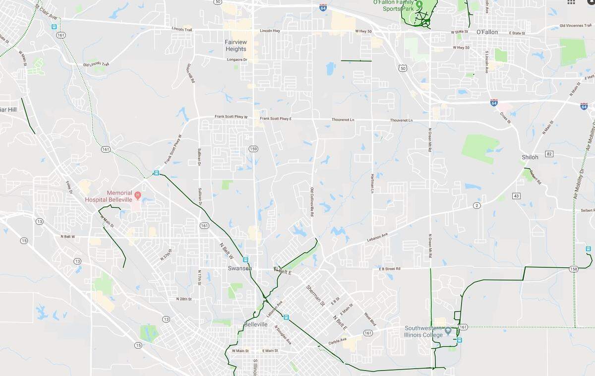 This Google Maps screenshot shows existing bike trails in the Belleville and Fairview Heights area.