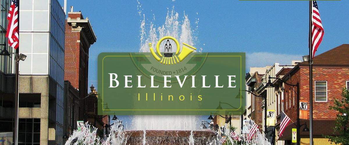 Belleville’s current logo, which draws on the city’s history and German heritage, is shown on the city’s website with the Public Square as a backdrop.