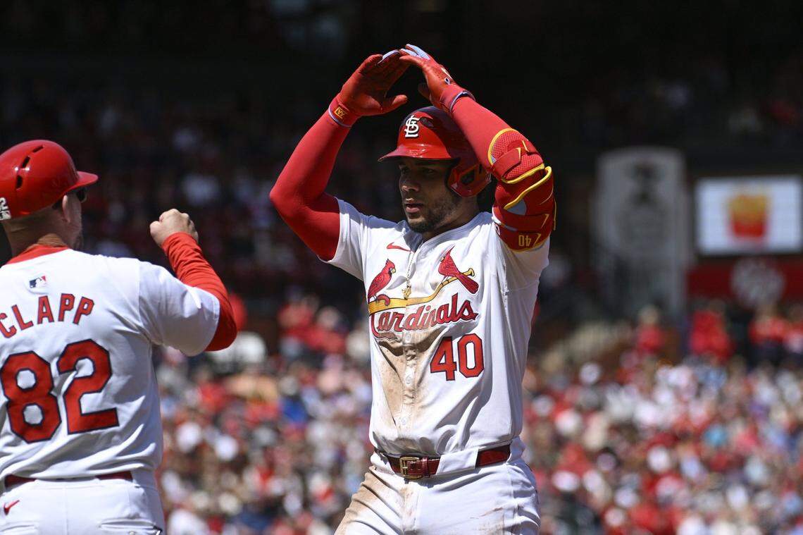 Apr 20, 2024; St. Louis, Missouri, USA; St. Louis Cardinals designated hitter Willson Contreras (40) reacts after hitting an RBI single against the Milwaukee Brewers in the second inning at Busch Stadium. Mandatory Credit: Joe Puetz-USA TODAY Sports