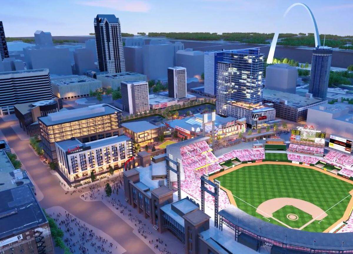 This computer-generated rendering shows what Phase I and I of Ballpark Village will look like when completed. The development is north of Busch Stadium in downtown St. Louis. From left to right are the apartment tower, entertainment complex, retail pavilion (with Busch II infield and plaza in front), hotel and office building.