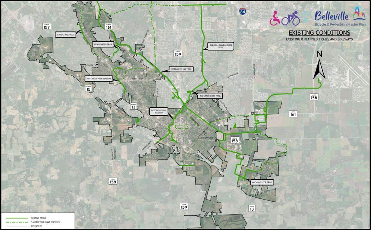 Solid green lines designate existing bike trails and green dashes designate planned bike trails in the Belleville area on this map, which is part of the city’s new Bicycle and Pedestrian Master Plan.