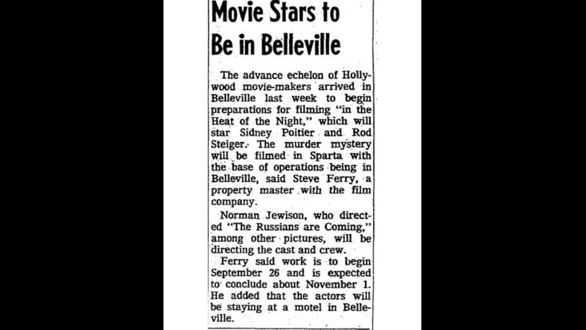 This article notes that movie stars Sidney Poitier and Rod Steiger would be staying in Belleville while filming “In the Heat of the Night.” It was published in the Belleville News-Democrat on Sept. 12, 1966.