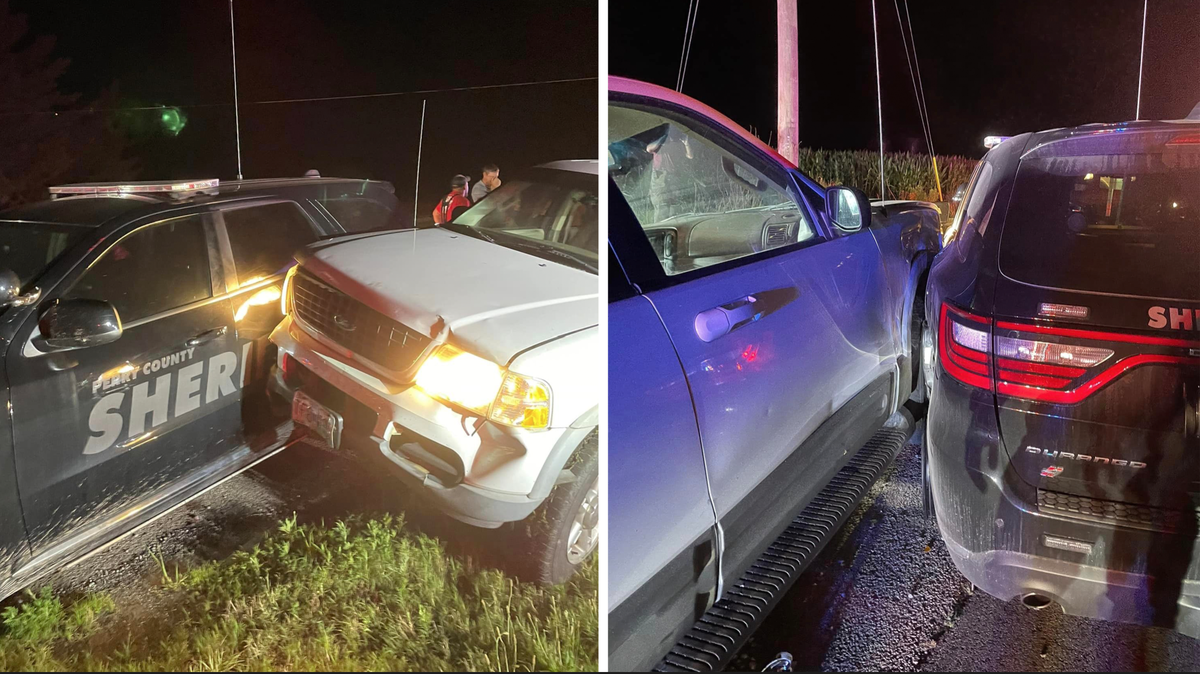 During the pursuit of a Ford Explorer from Illinois 127 in Nashville to south of Pinckneyville, the SUV struck a Perry County squad car.
