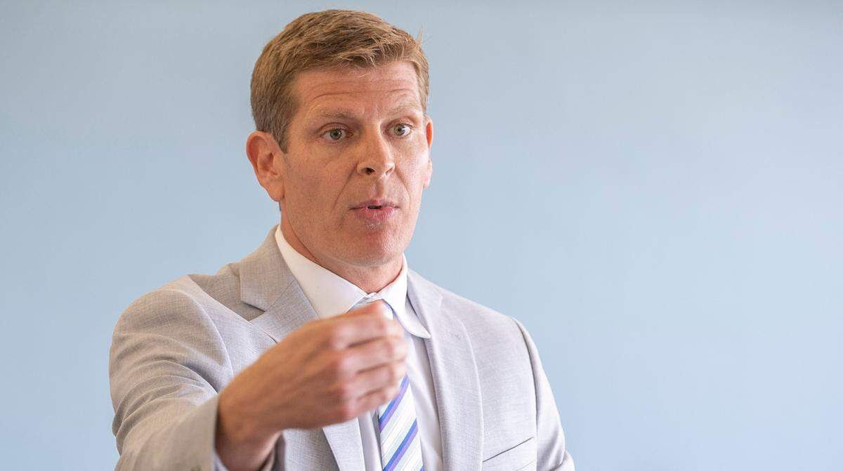 Randolph County State’s Attorney Jeremy Walker speaks at a news conference Monday about the fatal shooting of a Missouri man by Red Bud police on Sunday.