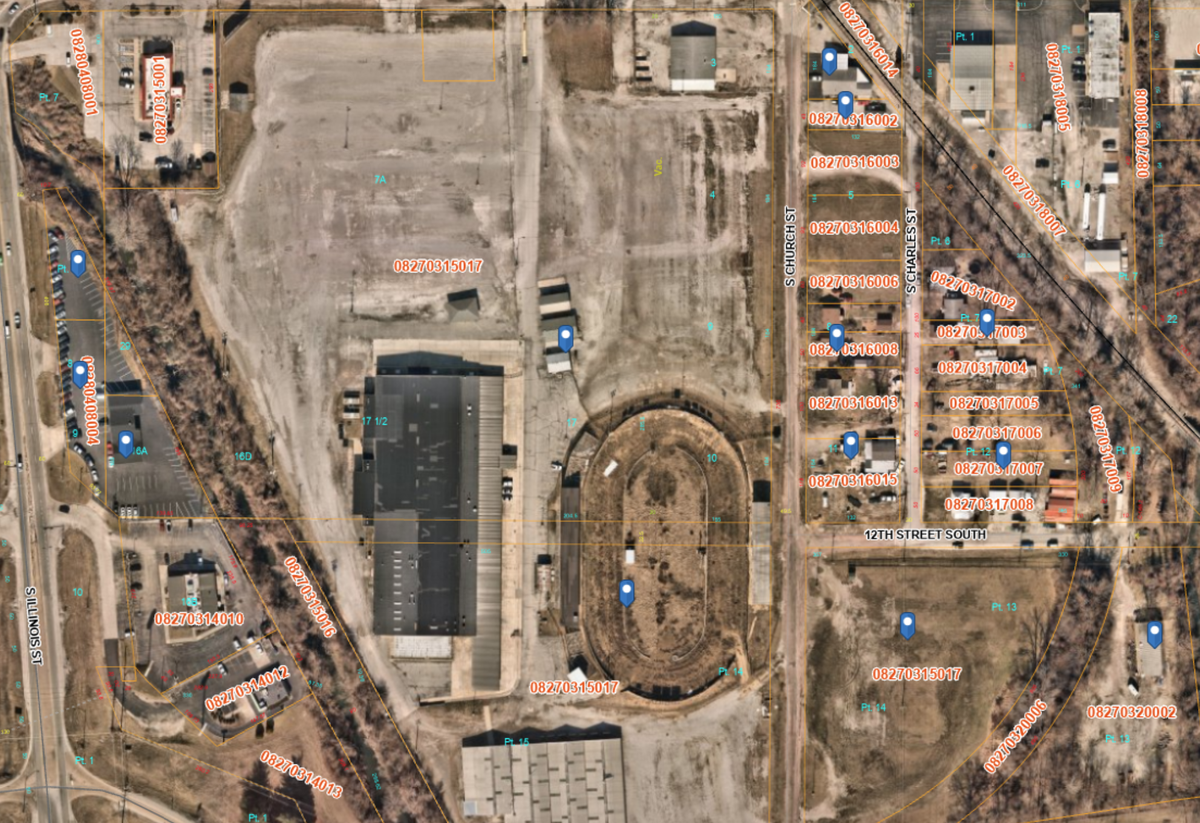 St. Clair County has purchased seven pieces of real estate around the Belle-Clair Fairgrounds & Expo Center’s 200 South Belt East address to expand its footprint in Belleville since taking ownership of the property. All county-owned parcels are shown on this map with blue markers.