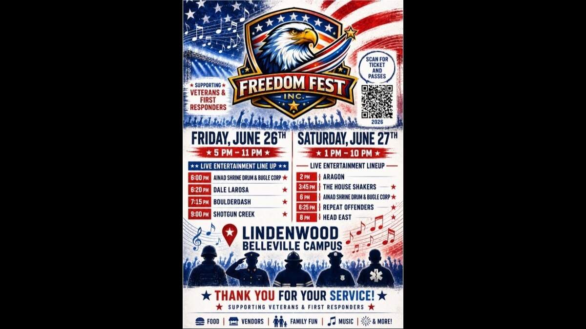 Here is the poster for Freedom Fest, a two-day music festival Friday and Saturday, June 26-27, to celebrate America’s 250th birthday and raise money for area veterans and first responders in need.