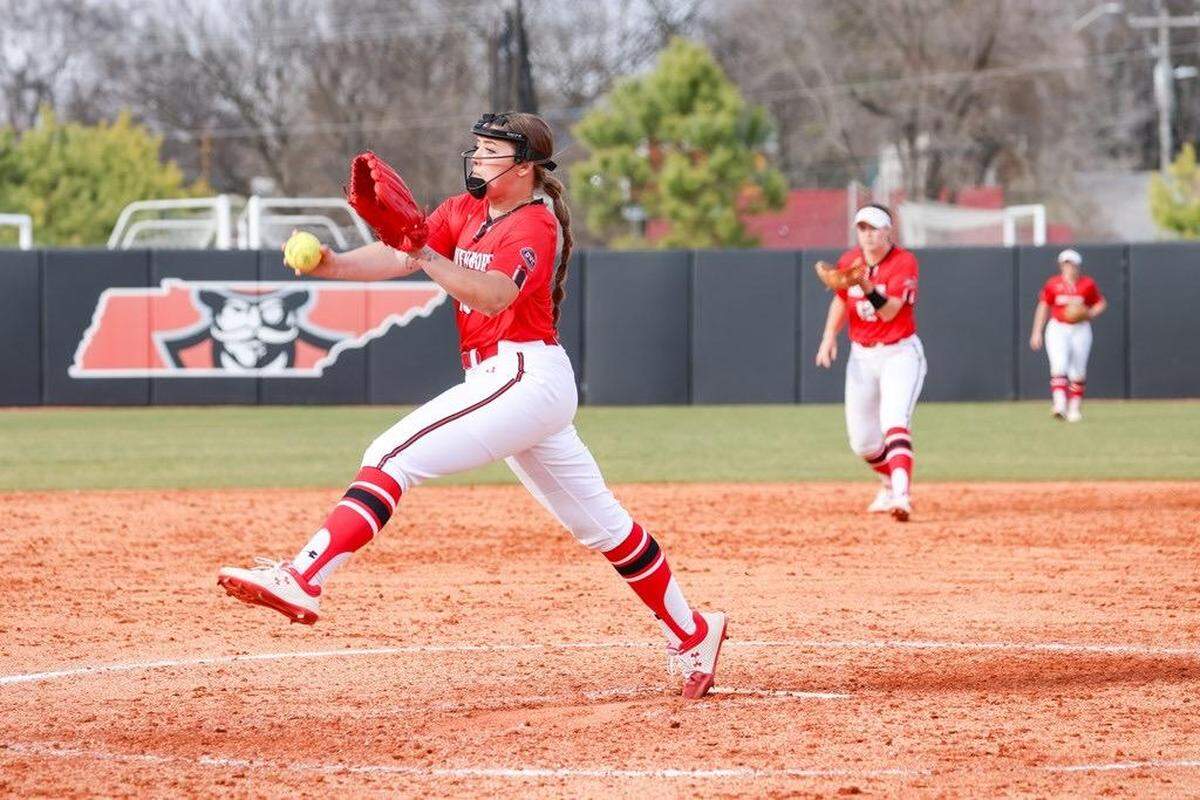 Highland High School graduate and current Austin Peay pitcher Sam Miener delivers a pitch during the 2022 season. Miener finished her freshman campaign with a 5-8 mark in 13 starts this spring for the Governors.
