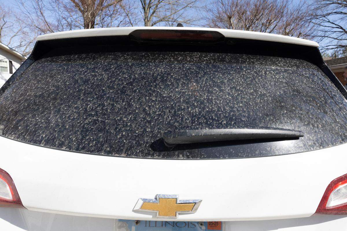 The car of Marissa man John Schulte after many residents woke up to their vehicles and windows covered in a mysterious substance. Schulte says the downpour occurred between 8 a.m. and 9 a.m. Friday.