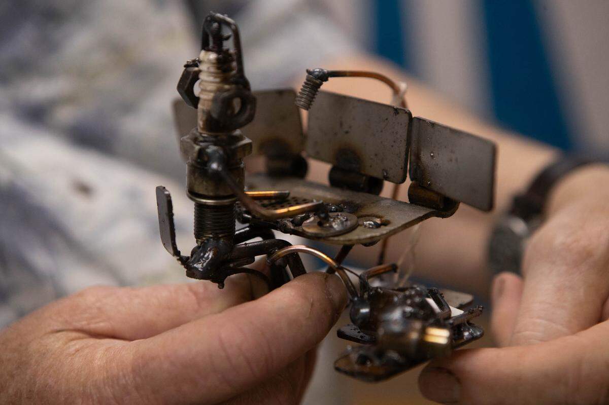 One of Dick Cooley’s sculptures is a mini computer gamer, made from bolts, screws and discarded metal pieces.