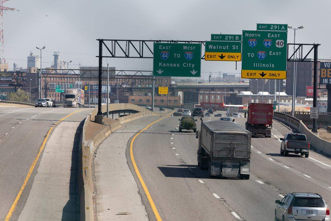 Looking eastbound down I-64 from Tucker Blvd. in St. Louis, MO, just before the entrance to the Poplar St. Bridge, on March 12, 2024.