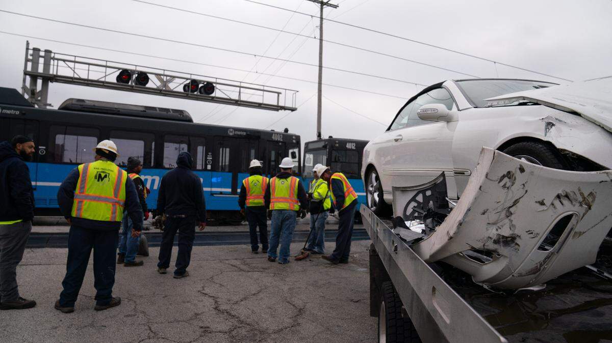 Scene of an accident at Emerson Station MetroLink, where a vehicle struck the train around 9 a.m.