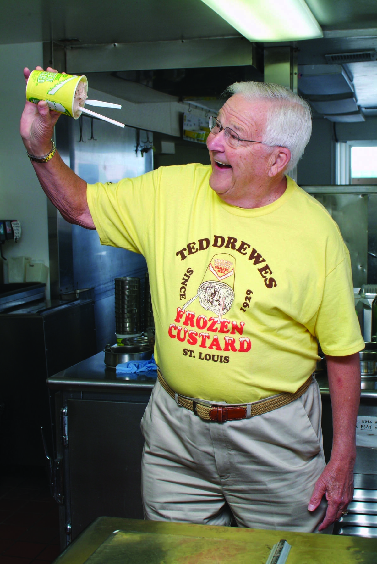 Ted Drewes Jr. does a demonstration with a concrete. It's like a milkshake, except it's so thick, you can turn it upside down and it won't spill out.