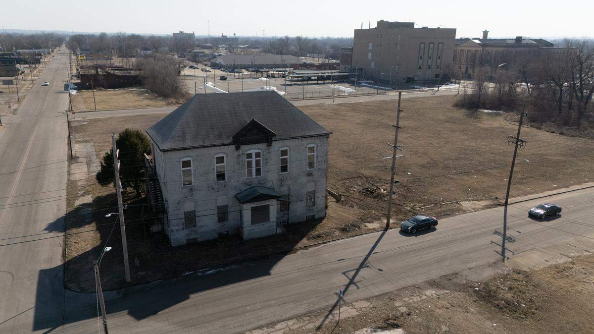 This drone image shows the original Lincoln School, built in 1886.