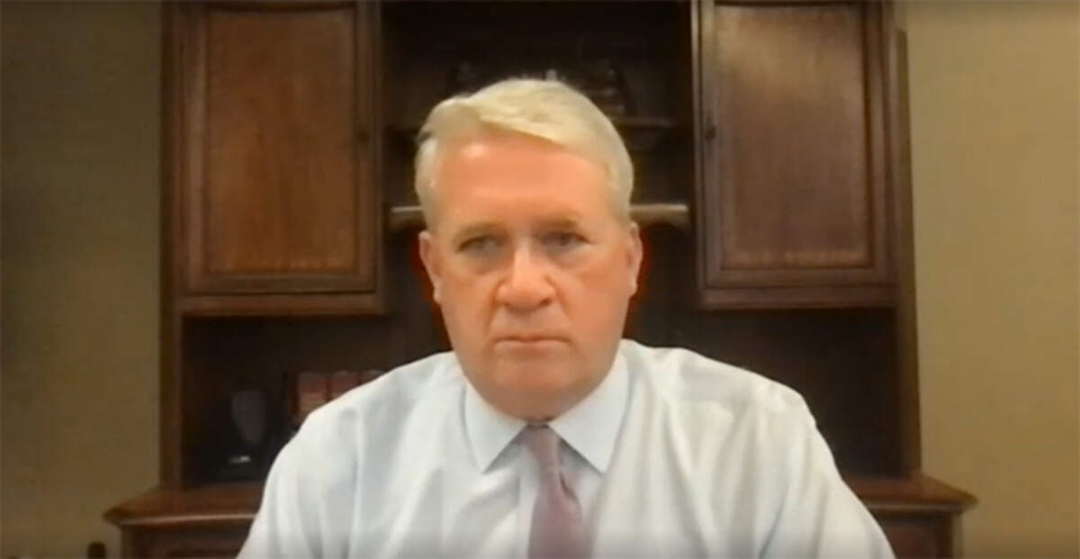 House Republican Leader Jim Durkin outlines his legislation to revamp the rules for the Prisoner Review Board, including broadcasting some of their hearings and including more input from victims, during a virtual conference Thursday.