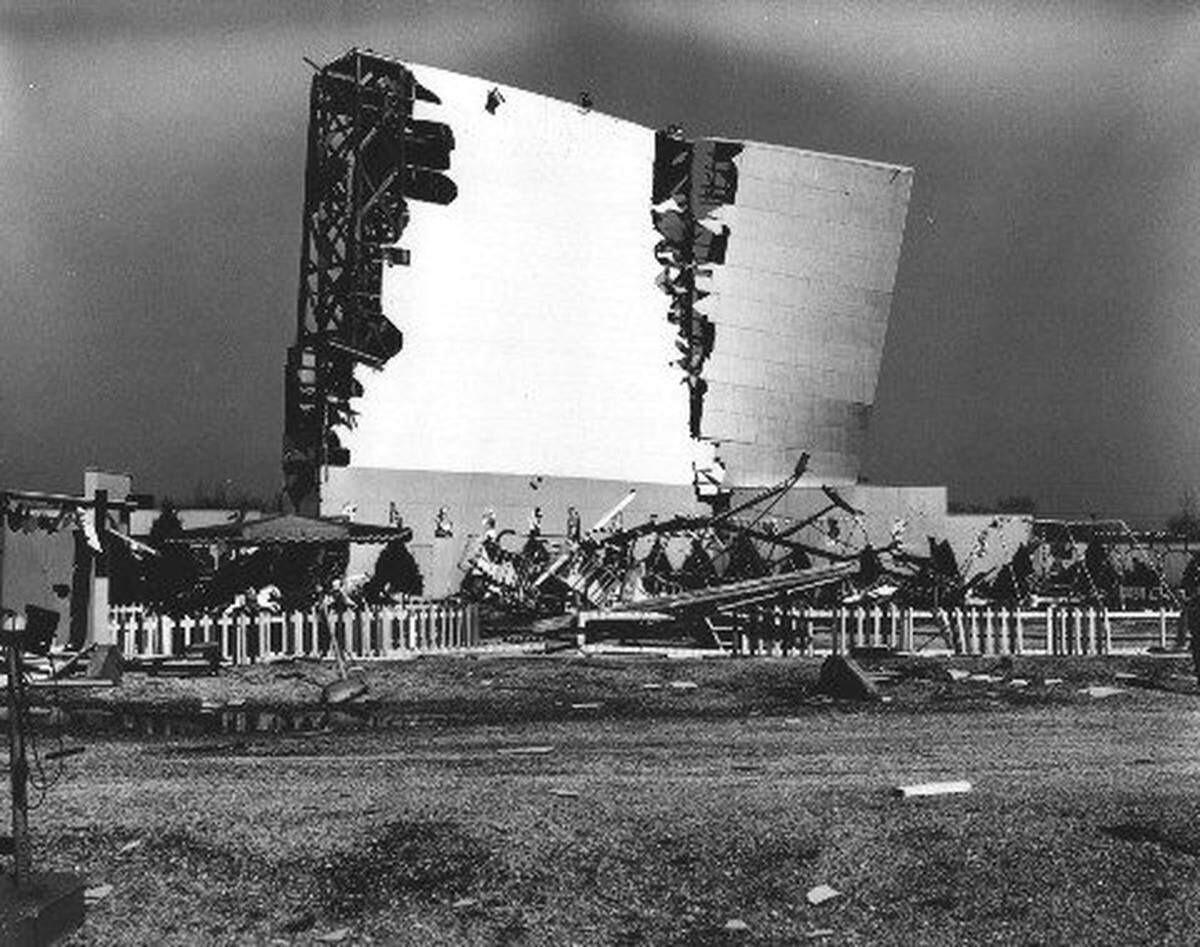Tornado-damaged screen at the Skyview.