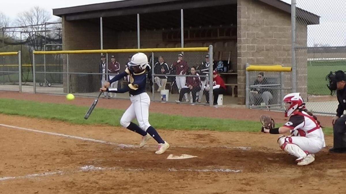 O’Fallon High School’s Malia Robertson slaps at a pitch during a game this season. Robertson is the winner of this week’s Belleville News-Democrat Softball Player of the Week high school poll, as selected by readers of bnd.com.