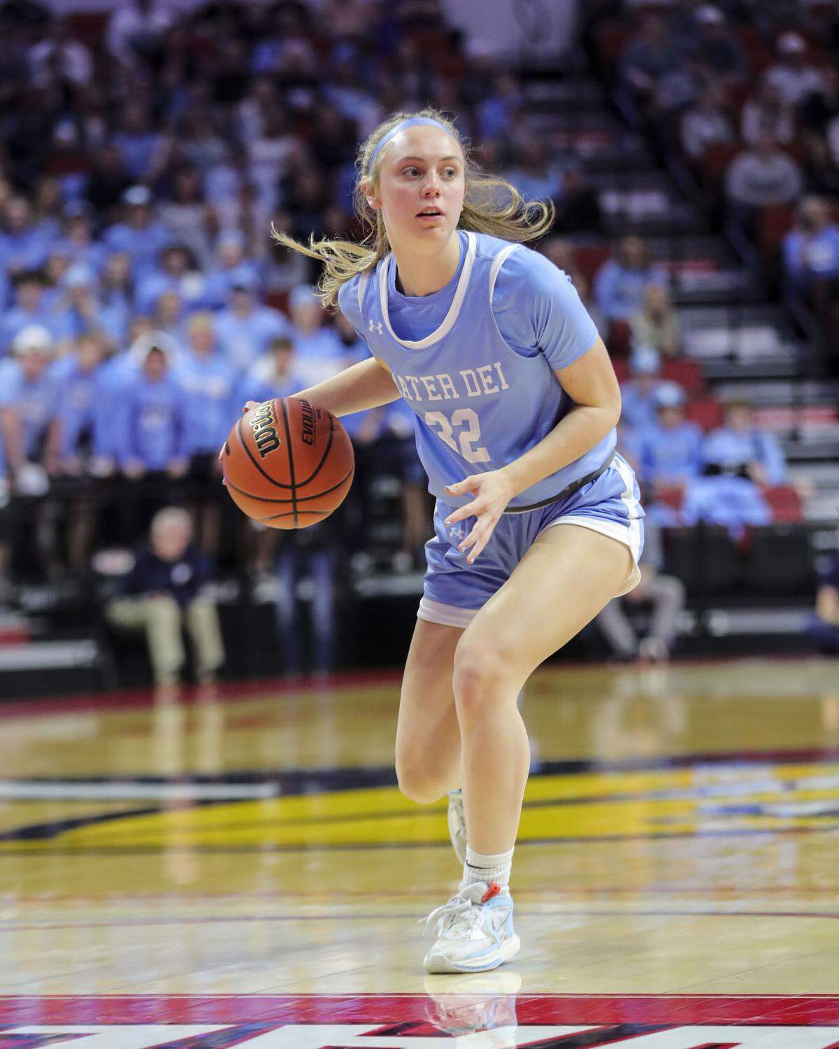Mater Dei’s Amelia Beer brings the ball up court during Saturday’s IHSA Class 2A state championship game at CEFCU Arena (formerly Redbird Arena) on the campus of Illinois State University. Mater Dei ultimately prevailed 62-46 to claim the state title.