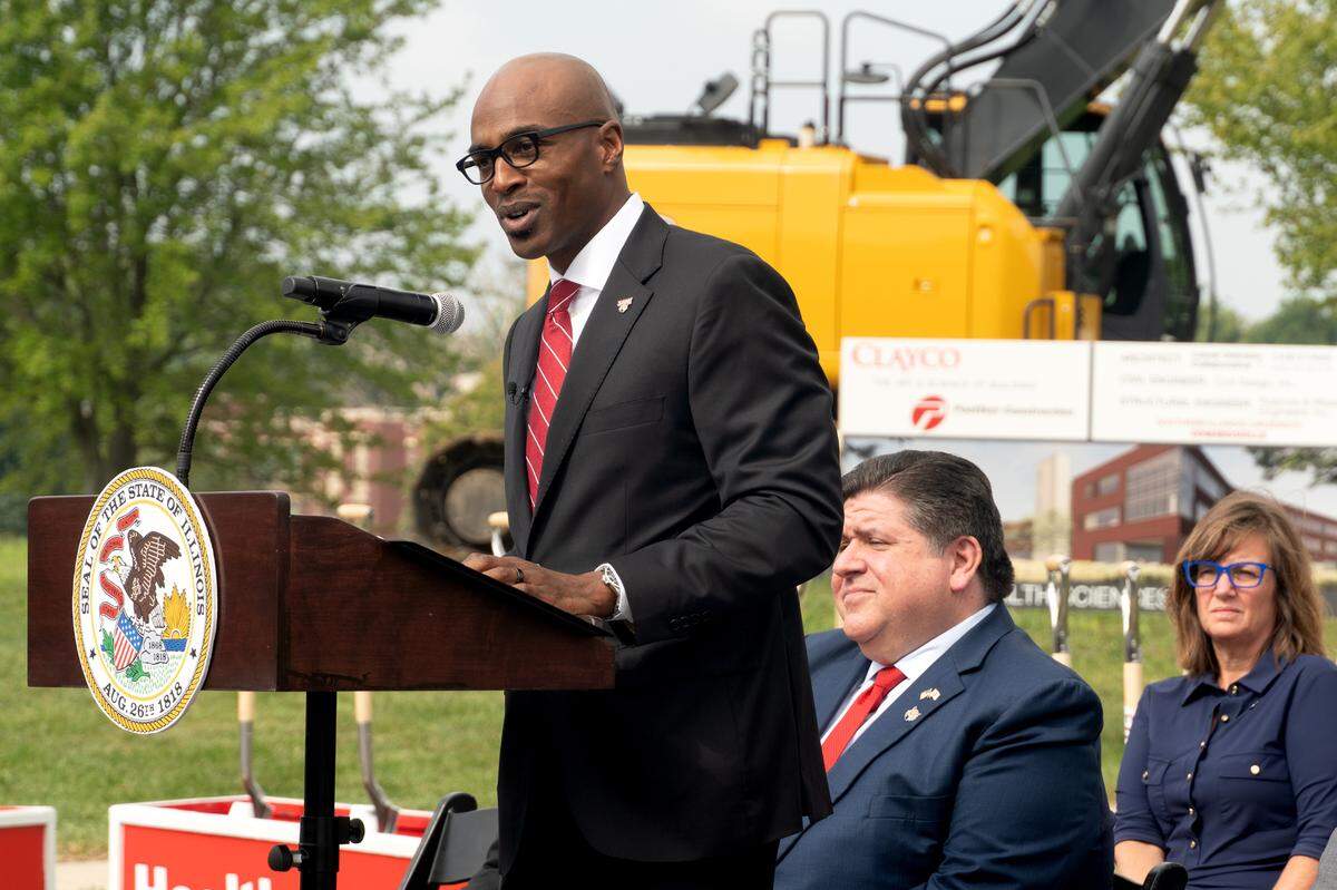SIUE Chancellor James Minor speaks on campus in September 2023 about the new health sciences building being constructed.