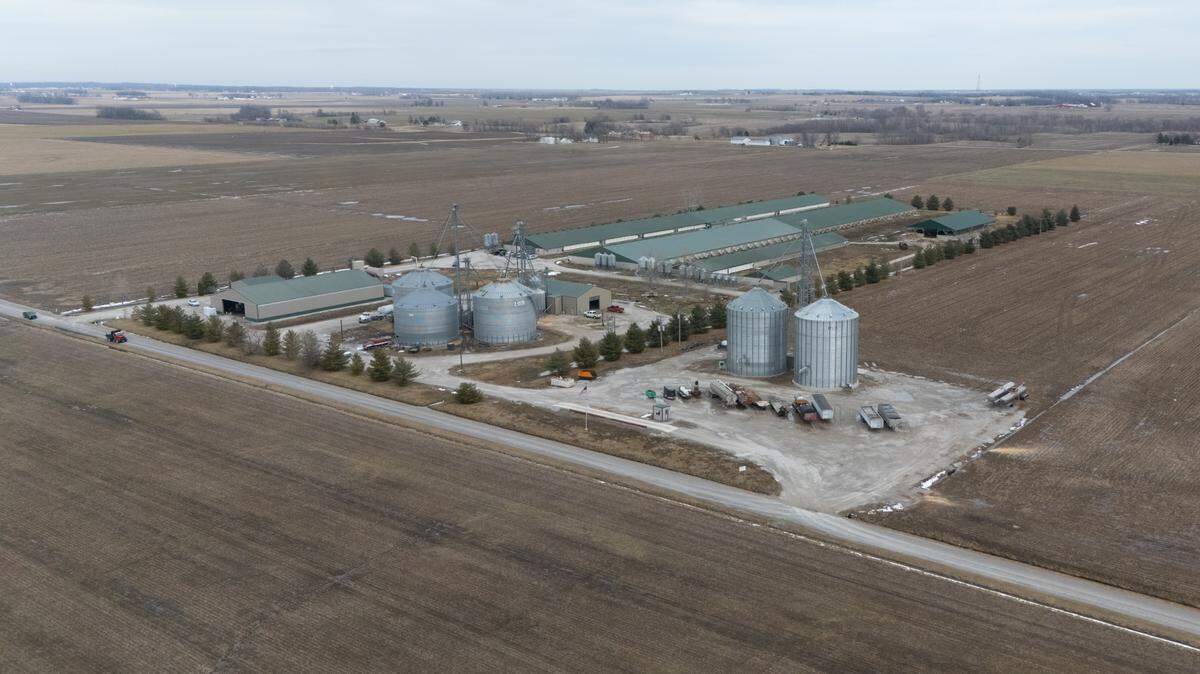 This drone image shows Sis-Bro Inc., a pig farm in rural New Athens that a federal agency accused of transgender discrimination in a lawsuit filed last year. The agency now is asking for dismissal.