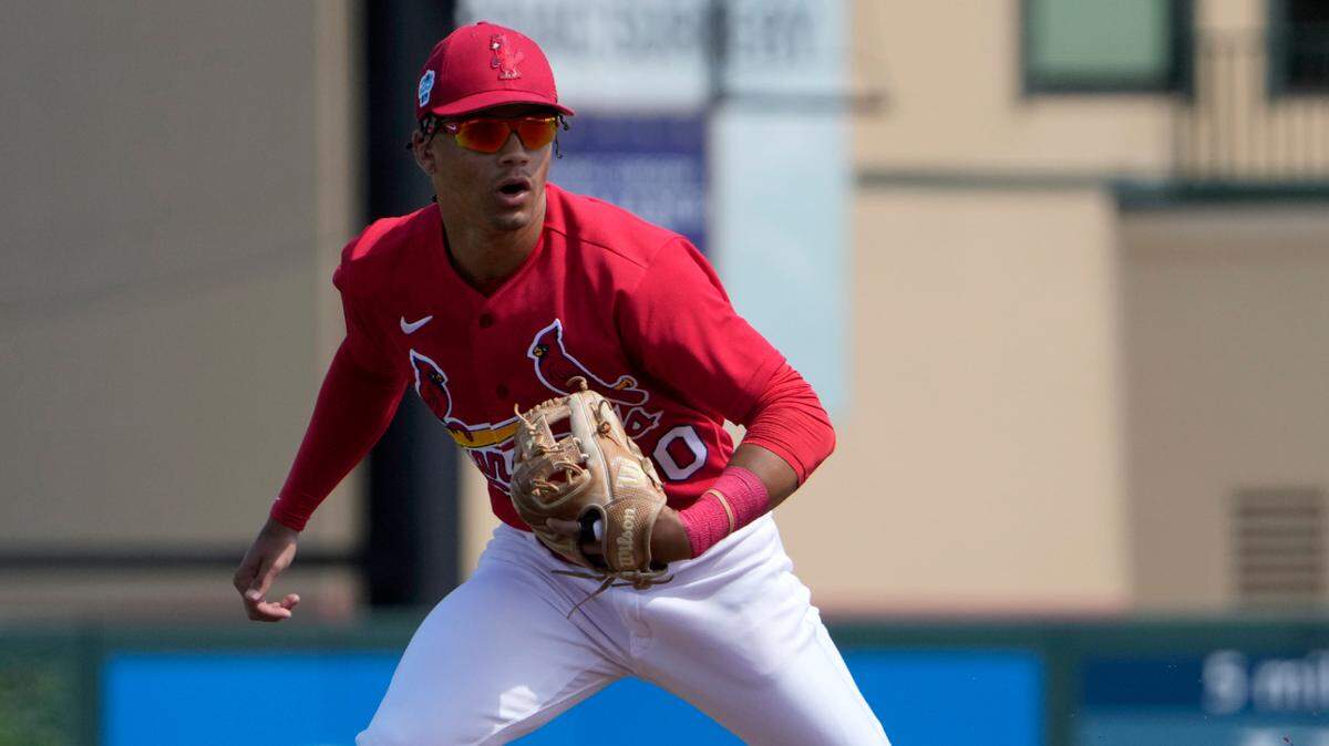 St. Louis Cardinals shortstop Masyn Winn takes up his position during the first inning of a spring training baseball game against the Houston Astros Thursday, March 2, 2023, in Jupiter, Fla. (AP Photo/Jeff Roberson)