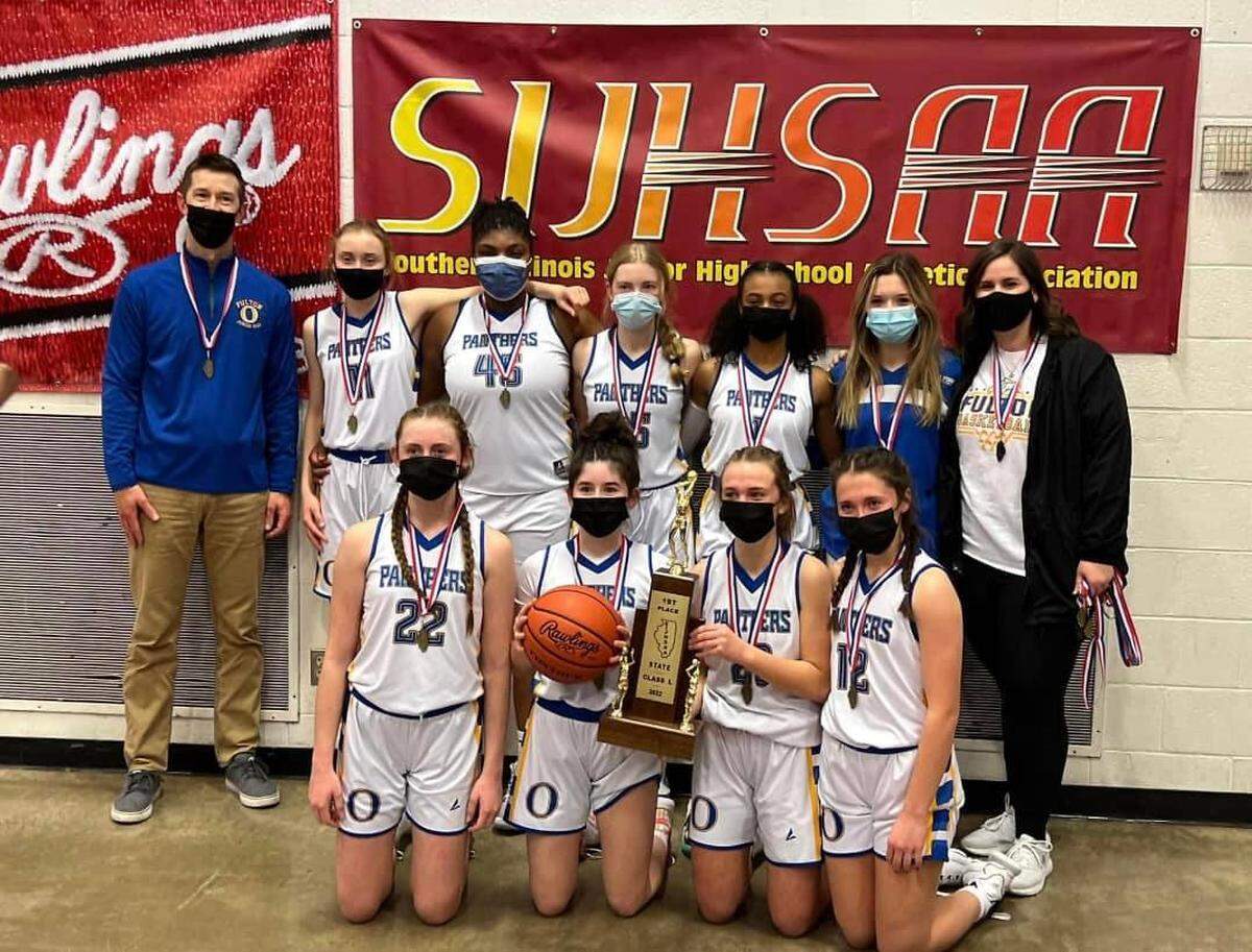 The Fulton Junior High School girls basketball team defeated Salem 37-28 on Jan. 29 to claim the large-school SIJHSAA state championship after winning the regular season conference title and then the conference and regional tournaments. The team finished the season with a record of 25-3. Front row, from left, Jori Posey, Josie Christopher, Ellison Camfield and Malia Frederking; back row, coach Shane Flaar, Lily Prindable, Cheyanne Parham, Hanna Schmidt, Sasha Kelley, Ashlyn Chadwick and coach Katie Dollahon. Team members Haeli Tart and Mauri Suggs are not pictured.
