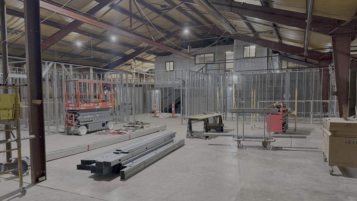 Overall view of construction progress inside the Old Base Factory