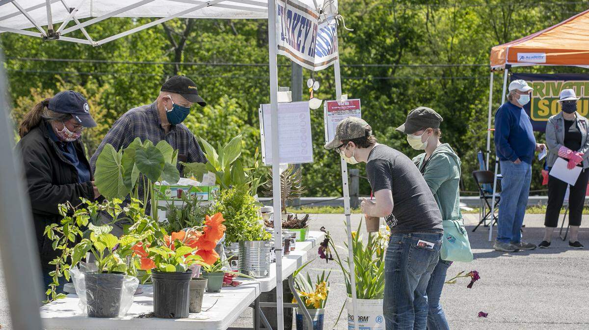 Customers at the Swansea Farmers Market shop for items at the Turkey Hill Grange stand. The market is open from 10 a.m. to 2 p.m. on Thursdays and is located on the Rural King parking lot, 2801 N. Illinois St., Swansea, behind Burger King. The market is following social distancing rules. Customers are asked not to touch items when browsing and vendors are wearing gloves.