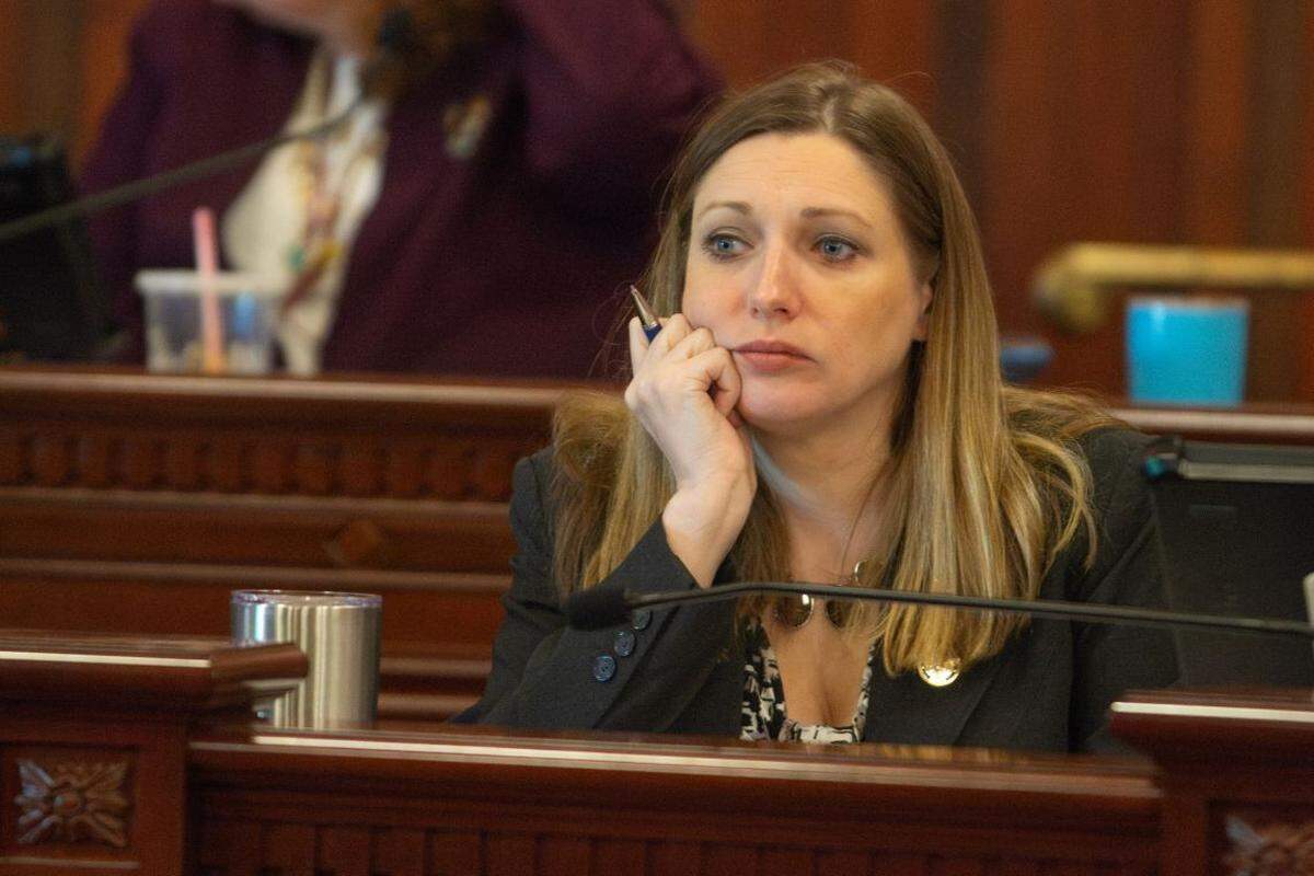 Sen. Rachel Ventura, D-Joliet, listens to a budget update in a Senate committee on Wednesday, May 13, 2026.