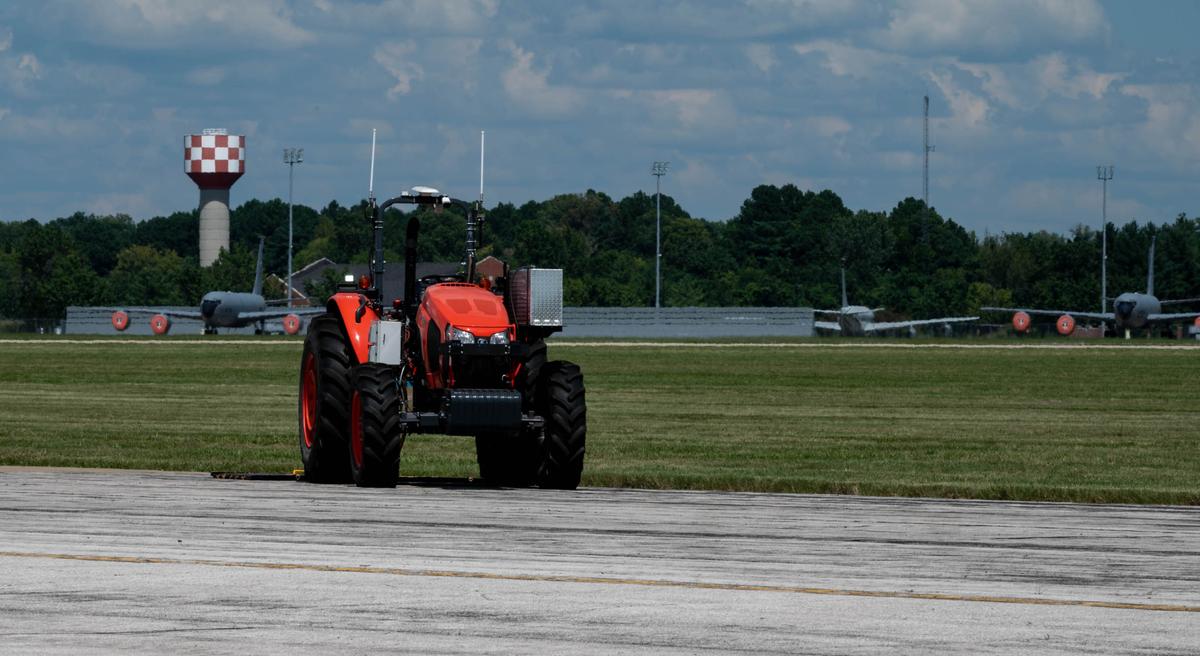 An autonomous tractor traverses the flight line on Scott Air Force Base during an operational demonstration given by Sabanto Agriculture to members of the 375th Civil Engineer Squadron. Elevate — Scott’s innovation cell — partnered with Sabanto Agriculture in early 2021 with the goal of allowing vast sections of the nearly 2,400 acre installation to be mowed remotely.
