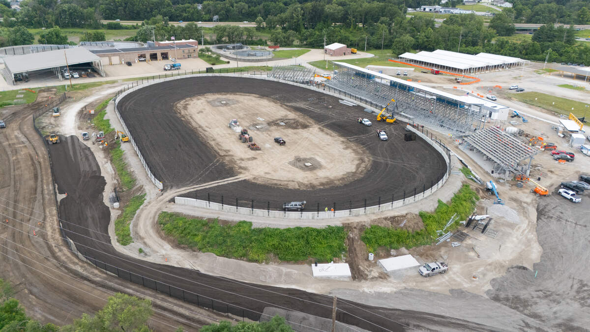 This drone photograph shows progress on the Belle-Clair Speedway racetrack as of June 22, 2026.